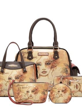 Nicole Lee 5pcs set Floral Portrait Satchel Set with Brown Trim